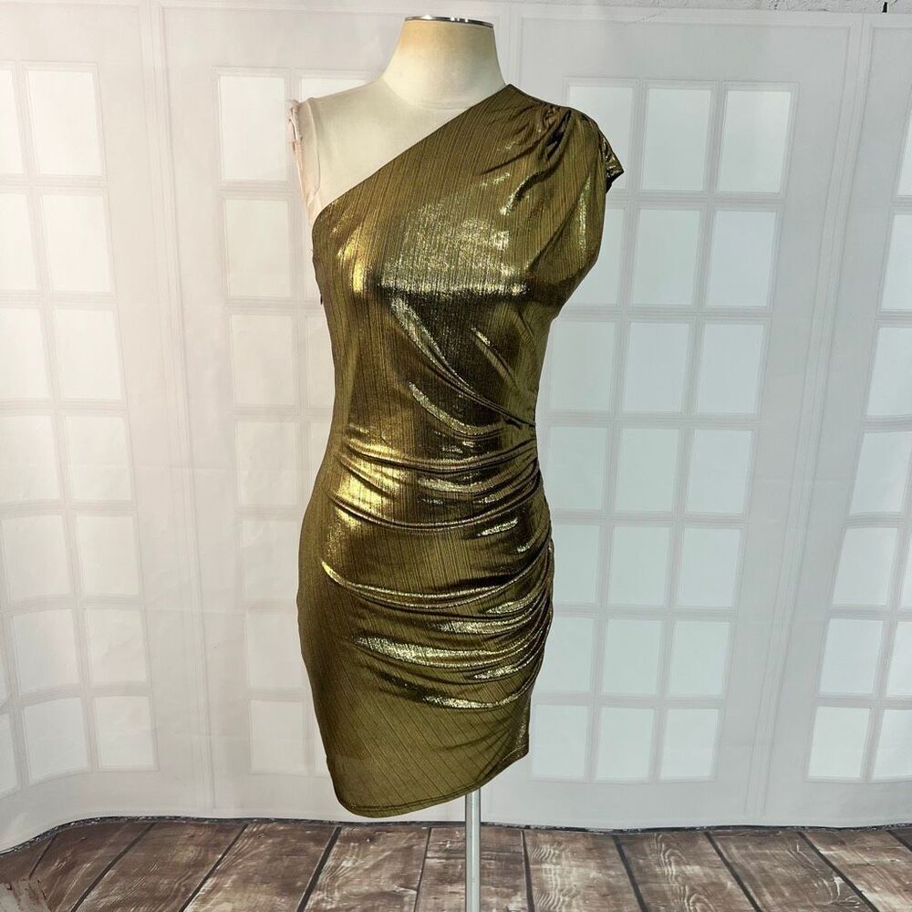 Grace Karin gold one shoulder side ruched cocktail dress size small